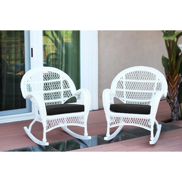 Jeco W00209-R-2-FS017-CS White Wicker Rocker Chair with Black Cushion, 2PK W00209-R_2-FS017-CS - main